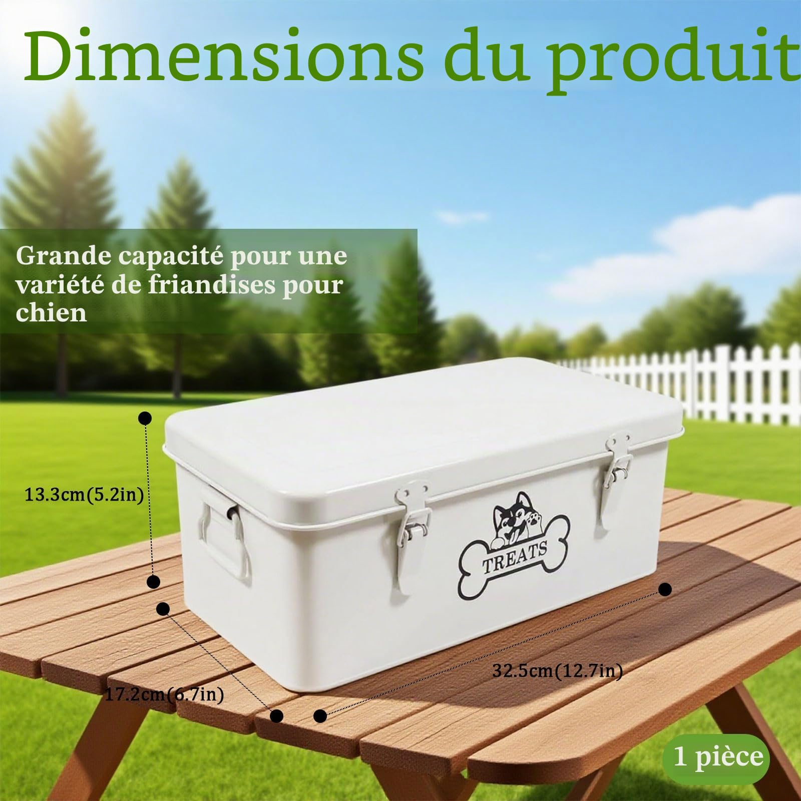 Récipient en métal pour chien - 8,5 l - Hermétique avec couvercles et compartiments de séparation - Blanc - Rangement de friandises avec serrure pour nourriture sèche, boîte à goûter, étagère