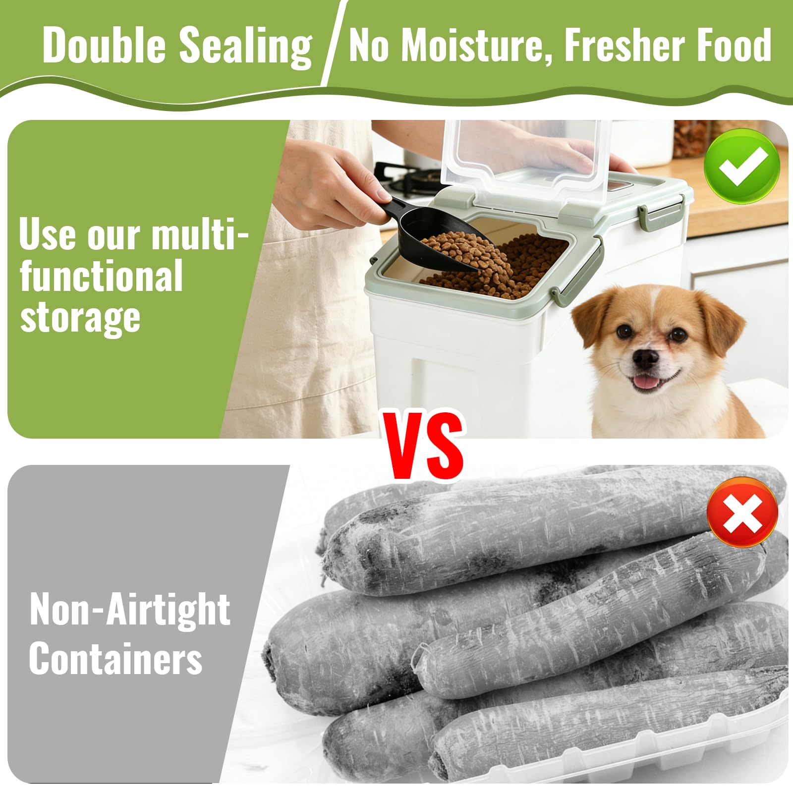 Juego de 2 recipientes herméticos para almacenamiento de alimentos para perros, 15 kg, cubos grandes de comida para mascotas con ruedas y tapa de bloqueo, almacenamiento de alimentos secos sin