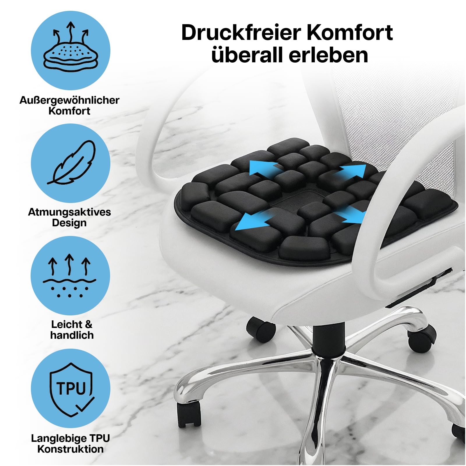 MMOBIEL Aufblasbares Reise Sitzkissen Tragbares Flugzeug Sitzkissen mit 3D Luftzellen, Tragetasche & Anti-Rutsch Unterseite – Druckentlastung Steißbein & Hämorrhoiden – Büro, Camping & Stadion