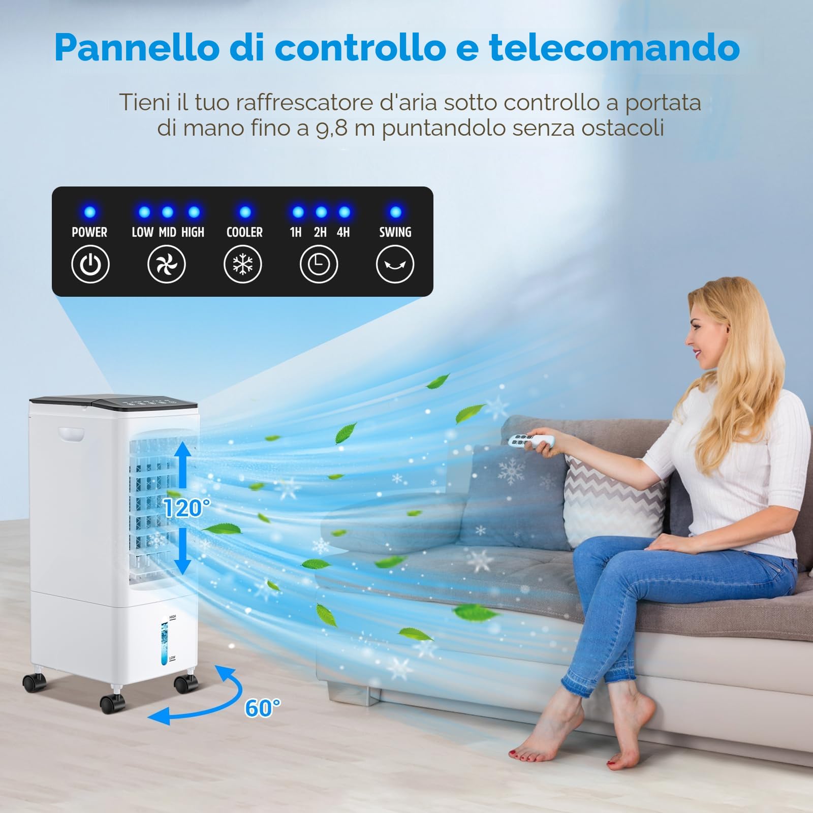 Condizionatore Portatile Hifetar, Raffreddatore d'aria 5.5L Senza Tubo, 4 in 1 Raffreddatore Evaporativo 60 W, Timer 1-7, 3 Velocità 2 Modalità, con Ruote, Telecomando per Casa Ufficio