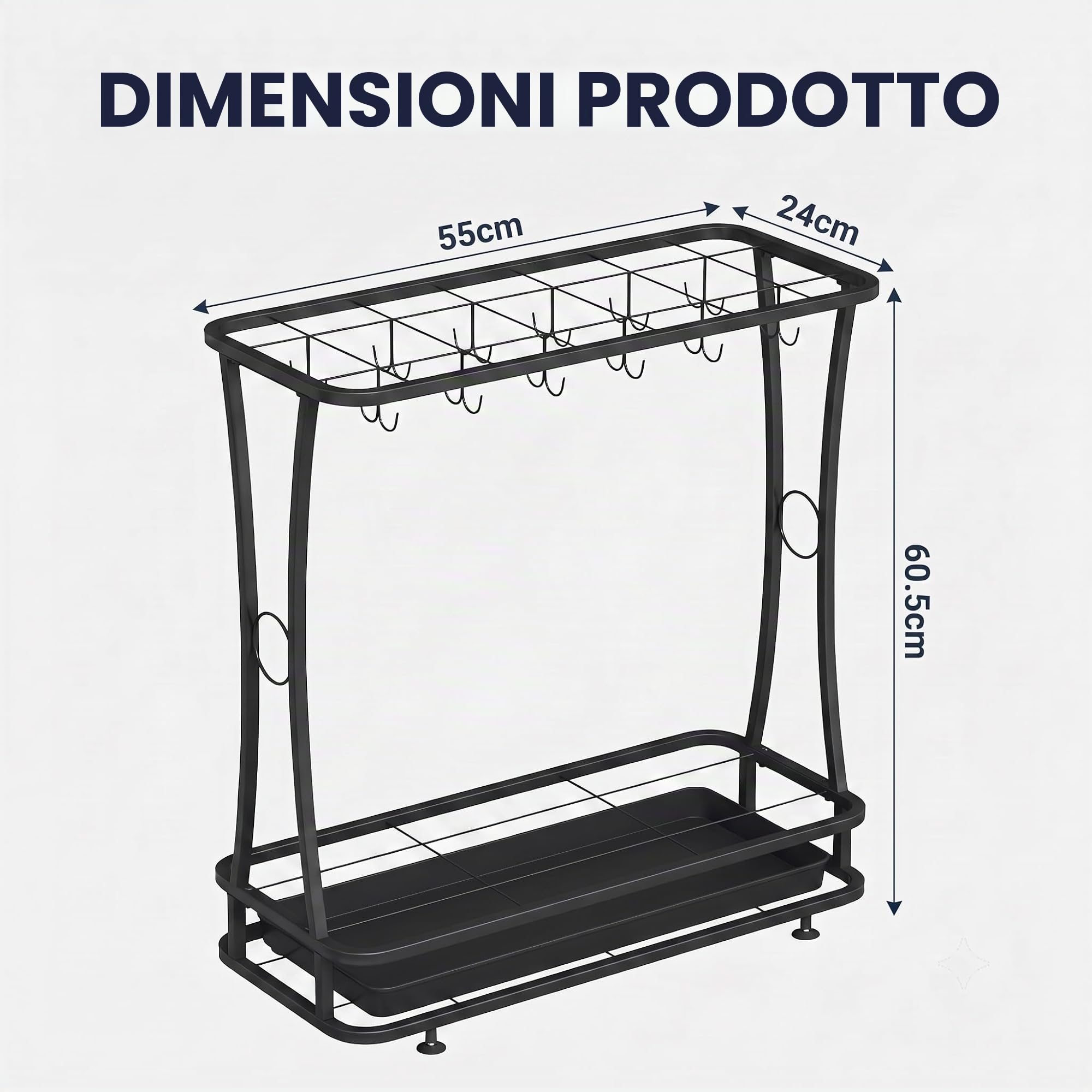 Turosur Portaombrelli, 21 fori, 24 ganci, con vassoio antigoccia rimovibile, per ingresso, casa, ufficio (nero)