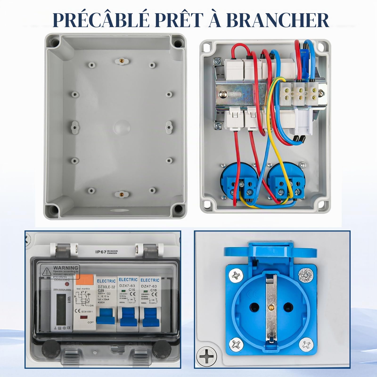 Warmfay Répartiteur mural pré-câblé 2 x 230 V Schuko, étanche IP67