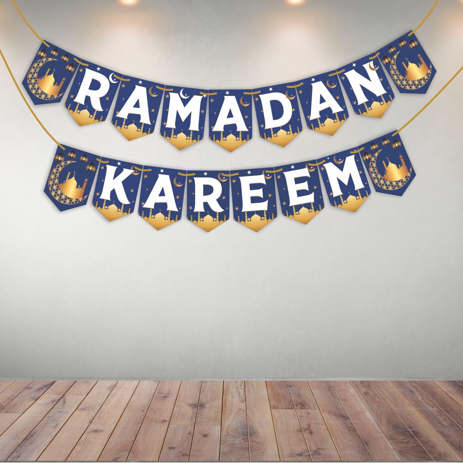 WOBBOX Ramadan Kareem Blue, White & Golden Color Bunting Banner, Ramadan Decoration Items, Eid Mubarak Decorations