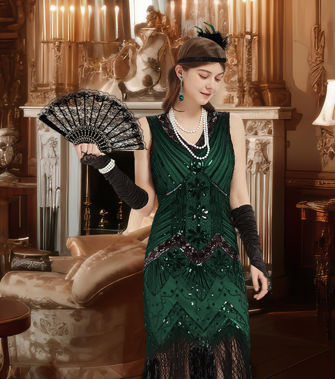 WILDPARTY 1920s Dresses for Women Flapper Dress Lace Fan Fether Headband Sequins Beads Fringes 20s Accessories Vintage Mafia Costume DarkGreen M - Image 2
