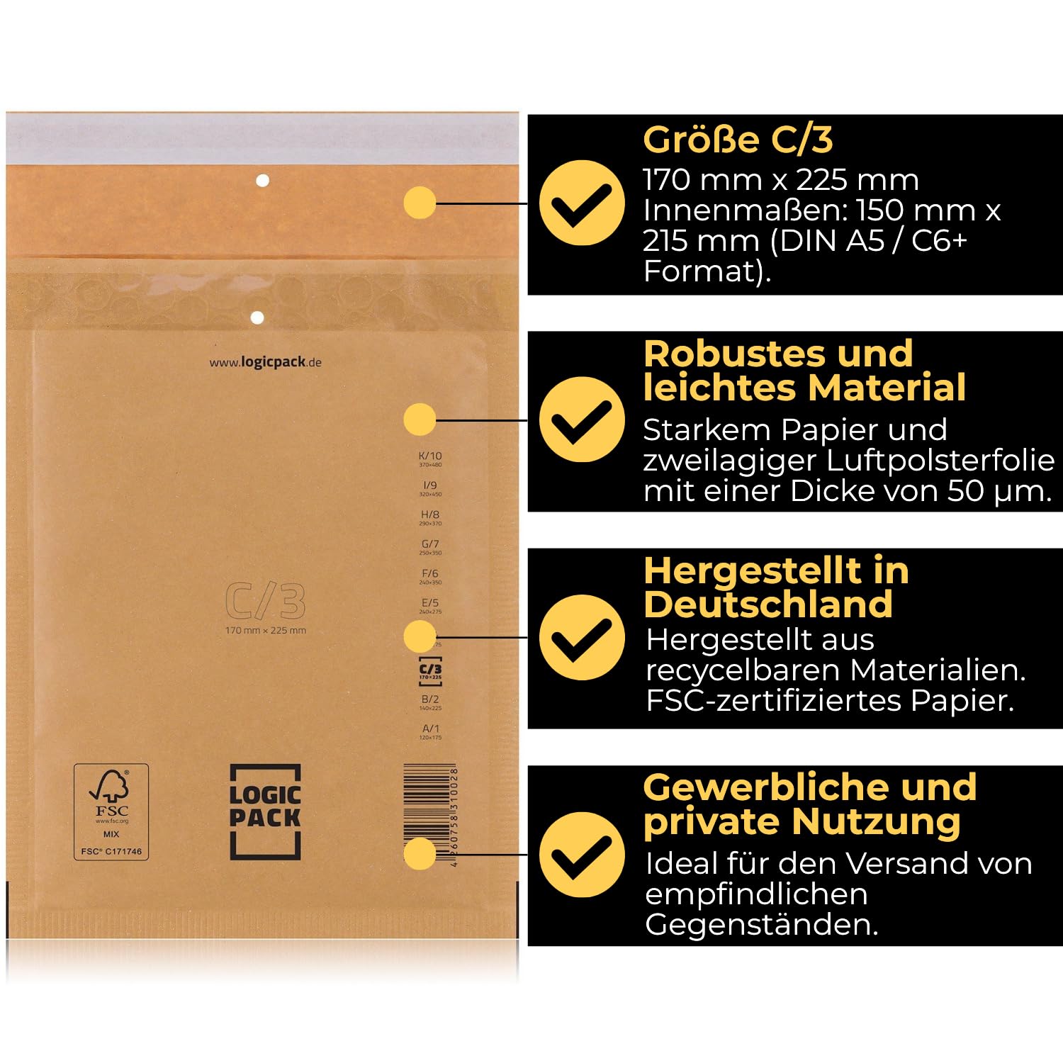 800 Buste Imbottite Marroni per Spedizioni, Buste in Carta Kraft Avana con Pluriball Rinforzato, Carta FSC Autosigillante, Ideali per Vinted, E-commerce, Libri, Formati da C3 170 x 210 mm