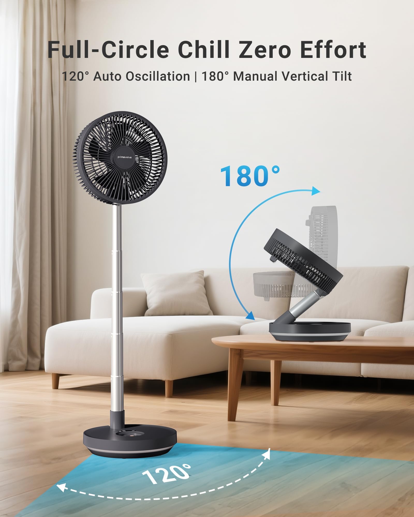 Tragbarer, oszillierender Ventilator, 10.000 mAh, wiederaufladbarer Akku mit Timer, 25,4 cm | Faltbar, 8 Geschwindigkeitsstufen, Fernbedienung, LED-Licht, für Zuhause, Schlafzimmer, Outdoor, Camping, Reisen, Dunkelgrau