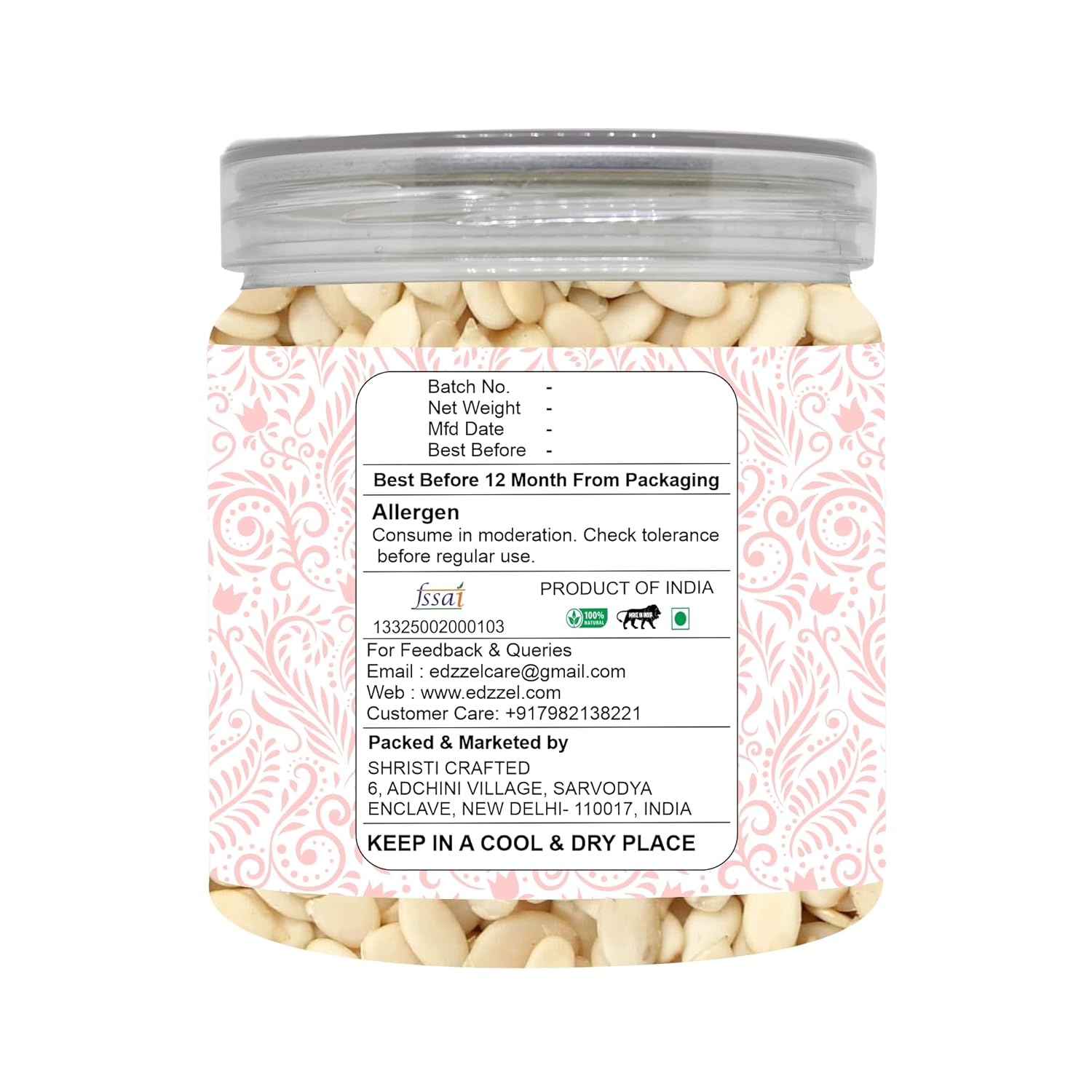 EDZZEL Dry Roasted Watermelon Seeds | Indian Origin | Unsalted Seeds | ( Pack of 1 ) 250 Gm