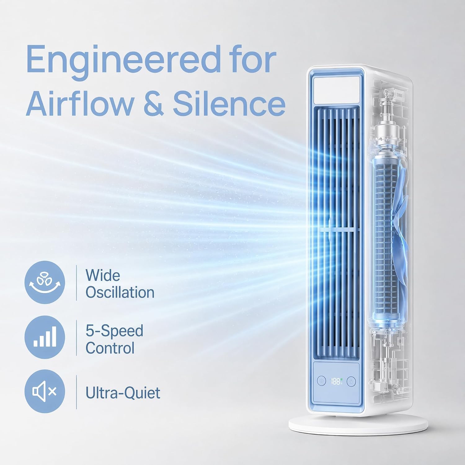 Ventilatore a Torre Silenzioso, Raffreddamento Potente 8 m/s, Telecomando Omni, Ventilatore Oscillante 48.8° con Display LED e 5 Velocità, 60% di Risparmio Energetico, per Casa e Camera
