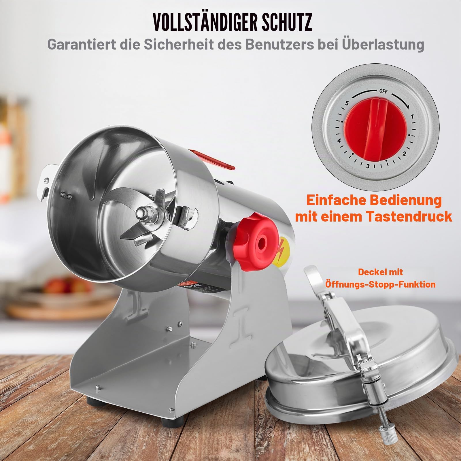 VEVOR elektrische Getreidemühle Hochgeschwindigkeits-Gewürzmühle 500 g mit 2000 W, Pulverisiermaschine aus Edelstahl, für trockene Körner Gewürze Müsli Kaffee Mais Pfeffer Schwenktyp 22 x 19 x 36 cm