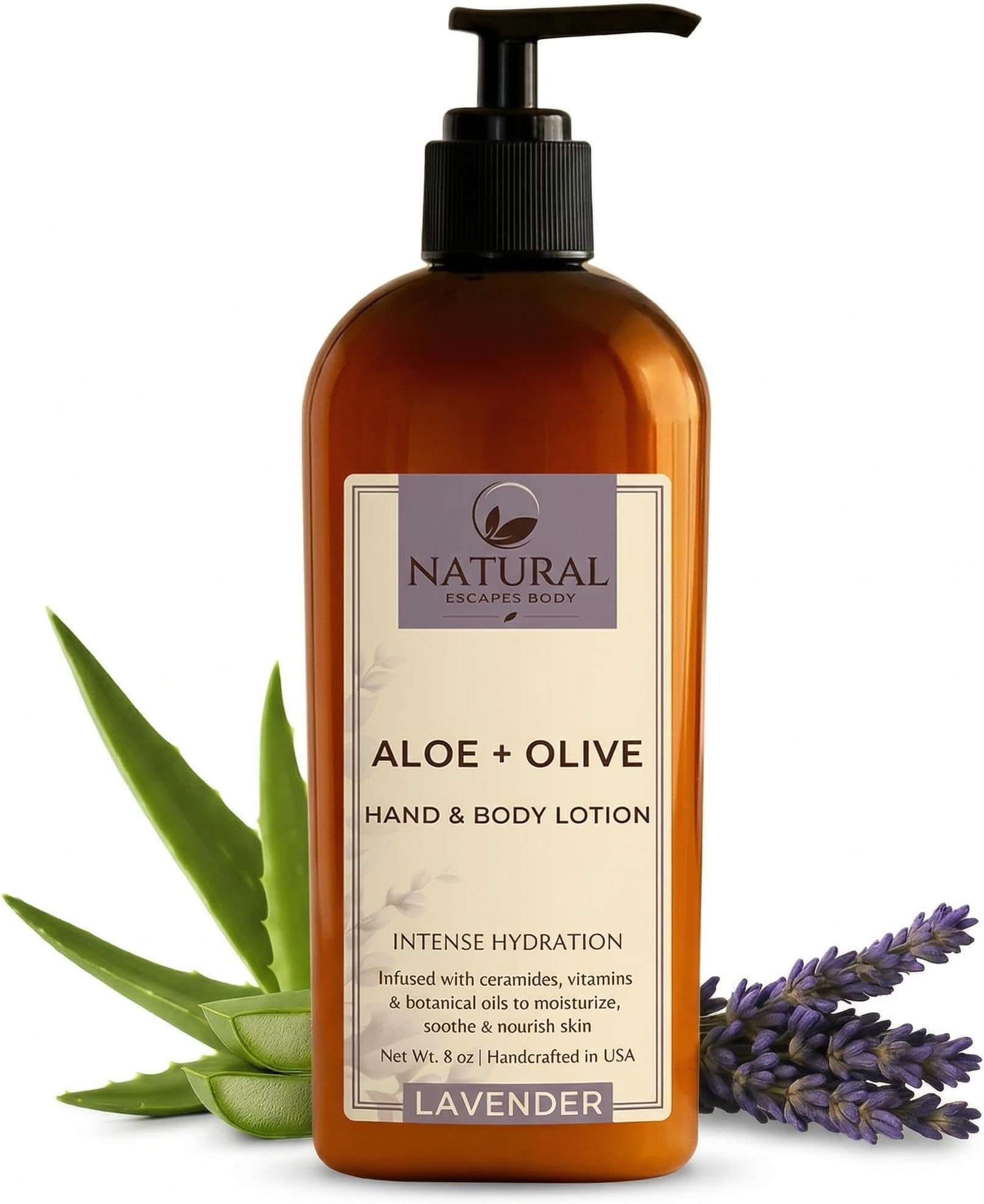 - Natural Escapes Lavender Body Lotion for Dry Sensitive Skin, Aloe Vera & Ceramide Moisturizer with Olive Oil, Vitamin B5 & E, Hand & Body Cream, 8 oz