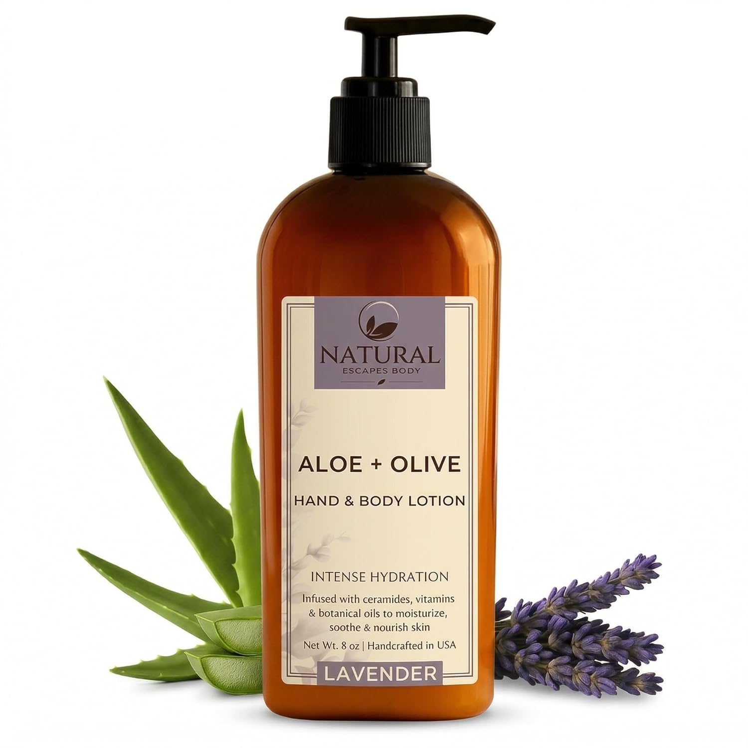 Natural Escapes Lavender Body Lotion for Dry Sensitive Skin, Aloe Vera & Ceramide Moisturizer with Olive Oil, Vitamin B5 & E, Hand & Body Cream, 8 oz