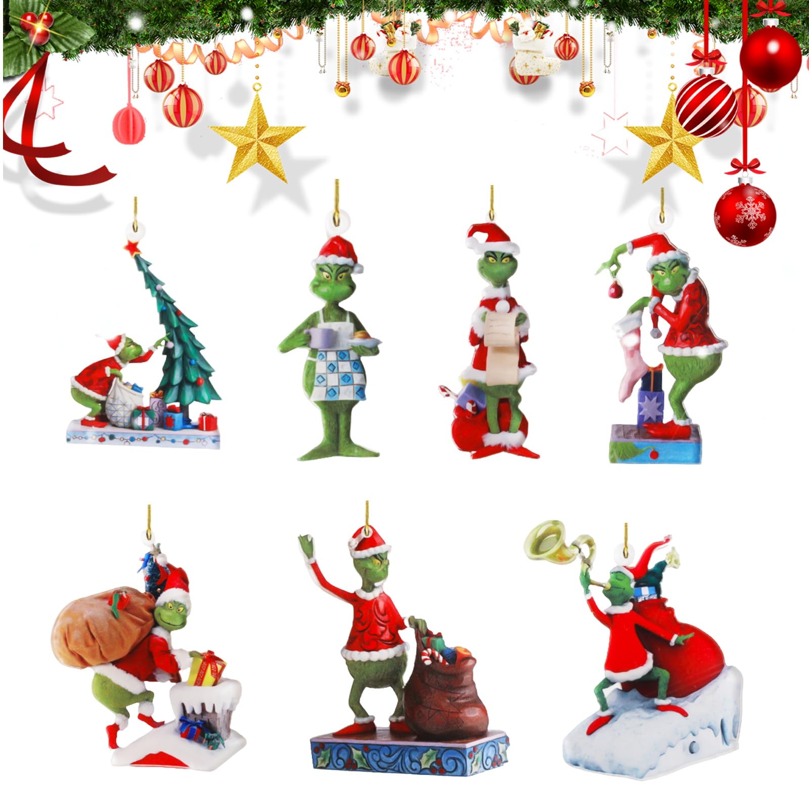 Decoración para árbol de Navidad, paquete de 7 decoraciones de Navidad Grinch, decoración del hogar para árbol de Navidad, adorno colgante de Grinchs, colgante acrílico 2D, para el hogar, vacaciones,