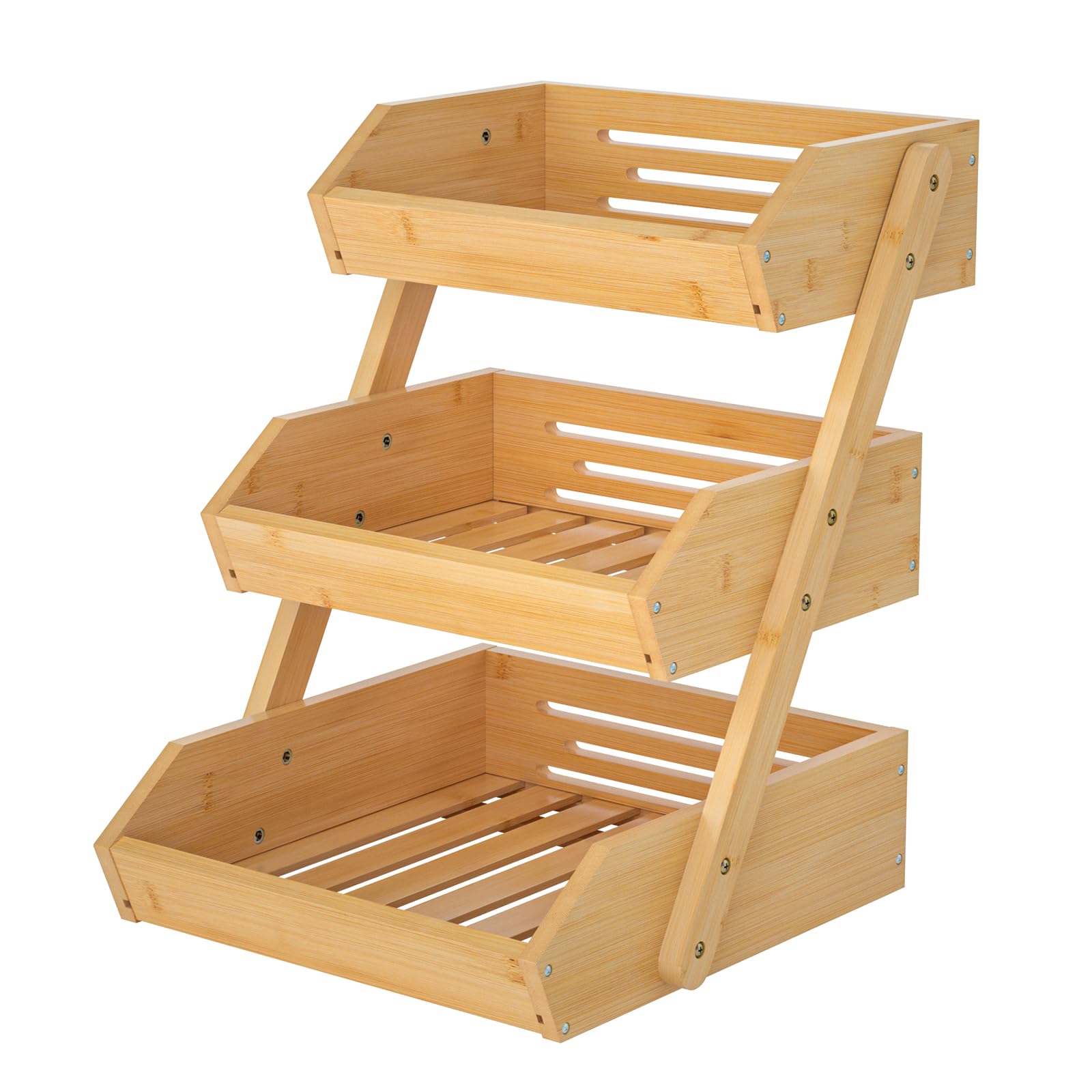 3 Tier Bamboo Fruit Basket for Kitchen, Vegetables Storage Stand Detachable Holder for Fruits Veggies Bread Snacks in Home, Kitchen Office