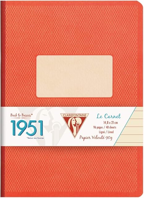 Clairefontaine - Ref 195446C - Back to Basics 1951 Clothbound Notebook (192 Pages) - A5 Sized (148 x 210mm), Lined Rulings, 90gsm Brushed Vellum Paper - Red Coral