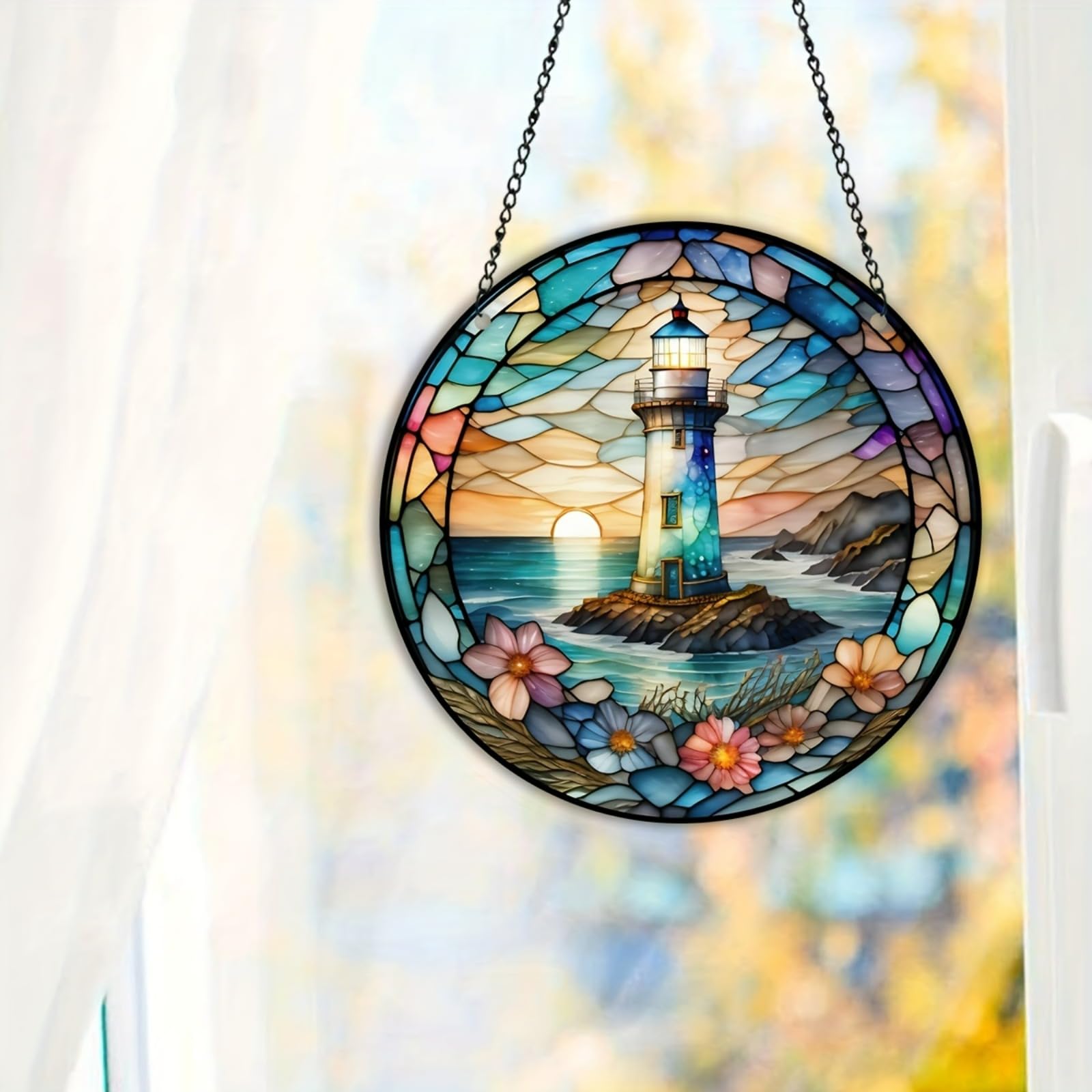 Leuchtturm Fensterbehang Aus Acryl – Sonnenfänger In Buntglas-Optik Für Fenster Oder Wand, Inkl. Ketten/Saugnäpfe