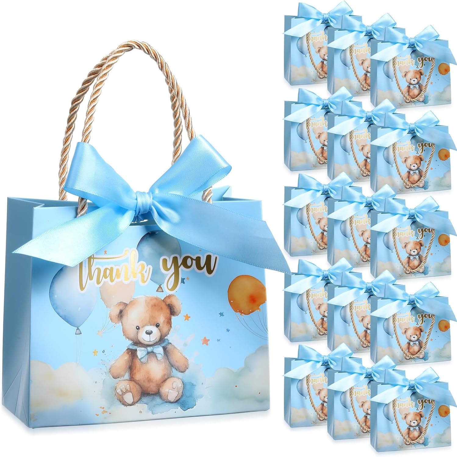 TaoBary 40 Pack 5.5''x 2.5''x4.7'' Small Cloud Bear Gift Bags with Handles Mini Paper Blue Cloud Bear Thank You Gift Bag Bulk with Bow Ribbon for Baby Shower Boy Girl Birthday Party Supplies