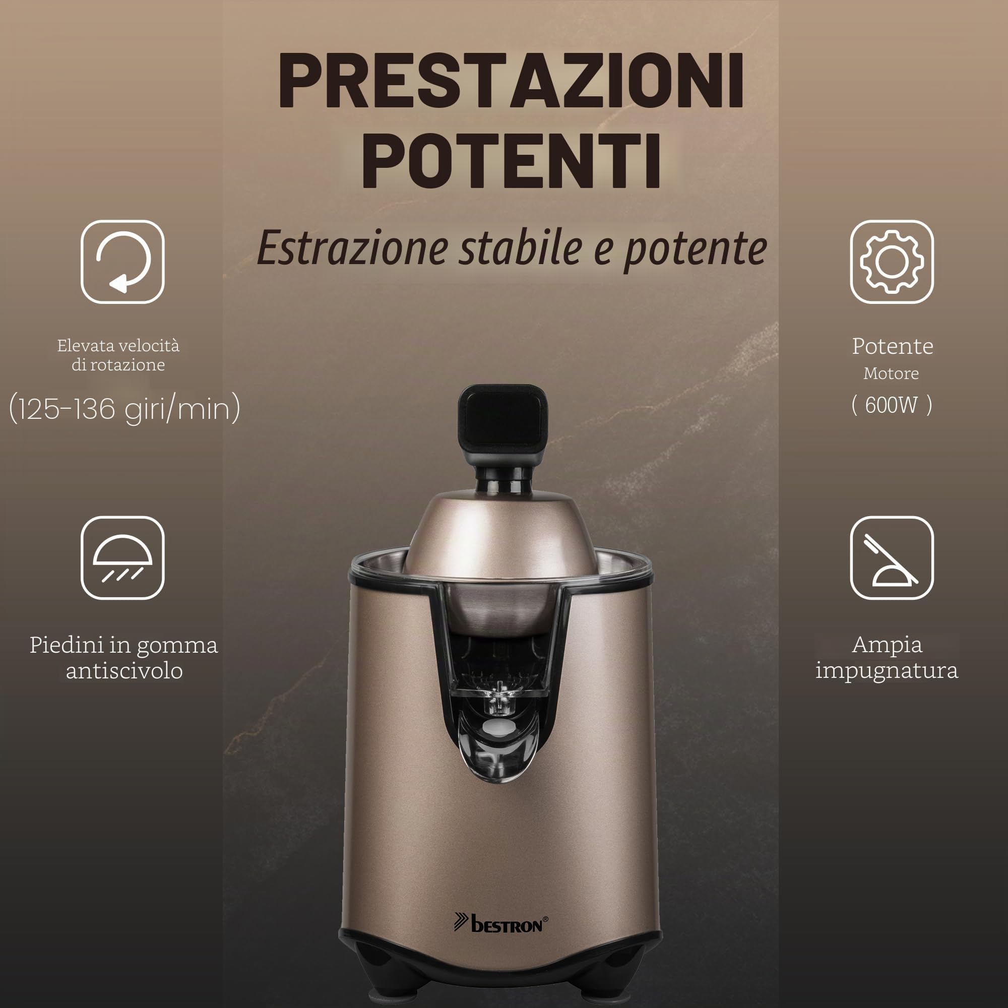 Bestron Spremiagrumi elettrico, spremiagrumi con funzione di arresto e filtro polpa in acciaio inox, con 2 coni, capacità 450 ml, leva soft pressa per un facile utilizzo, colore: beige