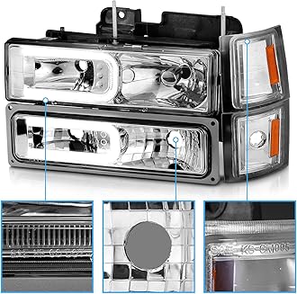 AmeriLite For 1988-1998 Chevy Fullsize Pickup Truck LED Tube Clear Replacement Headlights Halogen Bulb Parking Corner Light Sets - Passenger and Driver Side