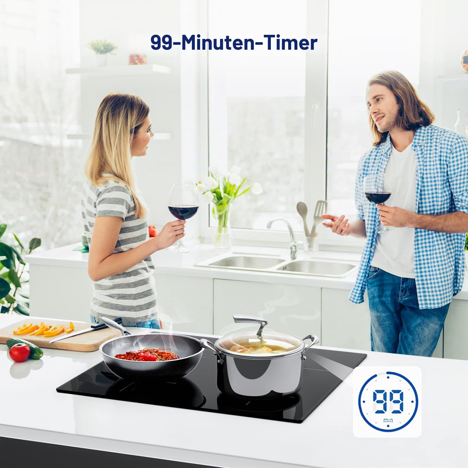 Induktionskochfeld, IsEasy Einbau Induktionskochplatte, 4 Zonen/6800W/60cm, Autark induktionskochfeld mit Berührungssteuerung, Überhitzungsschutz, 9 Heizstufen &1-99Min Timer, Boost-Funktion, Schwarz