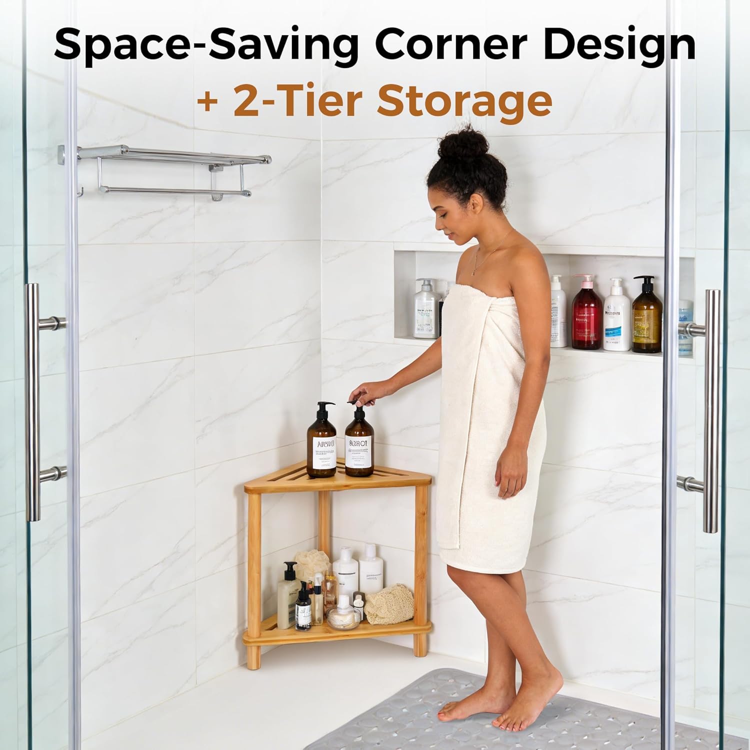 Bamboo Corner Shower Stool for Inside Shower Shaving Legs, Waterproof Bathroom Bench Seat with Storage Shelf for Small Spaces, Foot Rest, Bath Seat