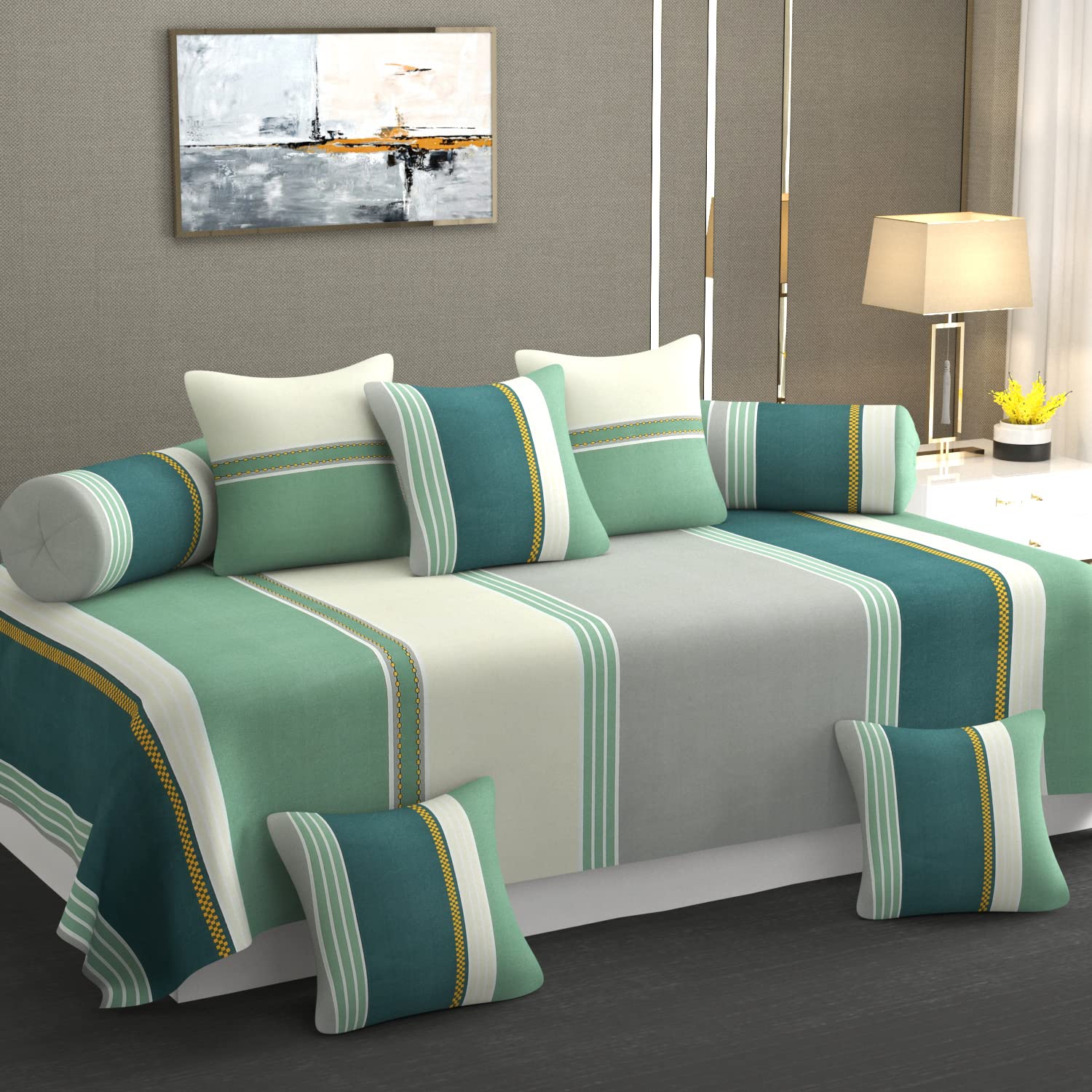 CHHILAKIYA Diwan Set Covers 8 Pieces,100% Pure Cotton Designer Printed Standard Diwan Set (1 Single Bedsheet(60x90 Inch), 2 Bolster Covers(16x32Inch), 5 Cushion Covers(16x16 Inch) (Grey-Green)-image-42