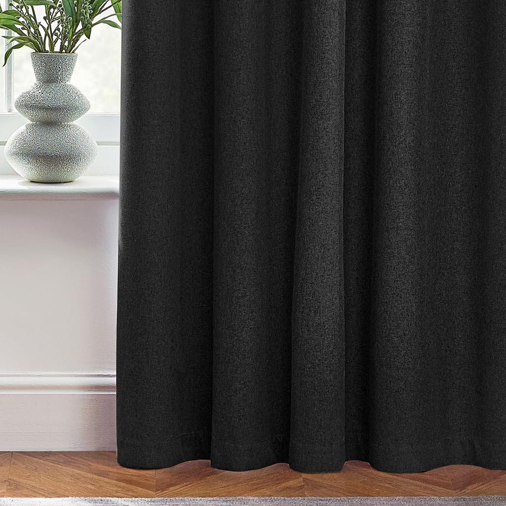 furn. Dawn Textured Blackout Eyelet Curtains - Thermal Lined Pair (Black - Width 117 x Drop 137cm), W 46.1" x L 53.9" (2 Panels) - Image 4