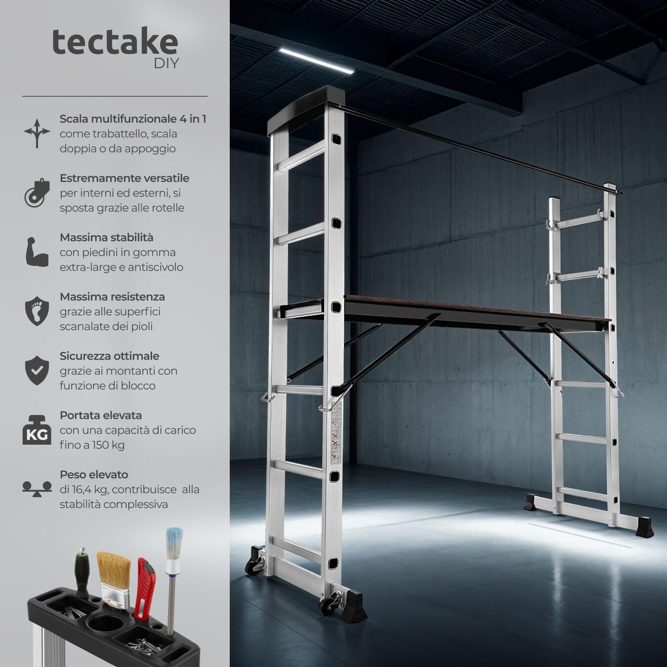 tectake® Scala Alluminio 4 in 1 Multifunzione con Piattaforma da Lavoro, Ponteggio da Lavoro con Ruote, Scala in Alluminio Pieghevole, Trabattello da Lavoro