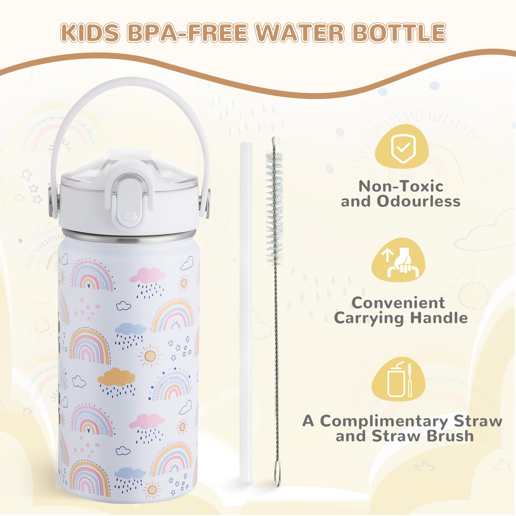 420ml Botella De Agua Aislada Para Niños Con Pajita, Botella Agua Acero Inoxidable, Botella Termica Infantil Frías y Calientes Sin BPA