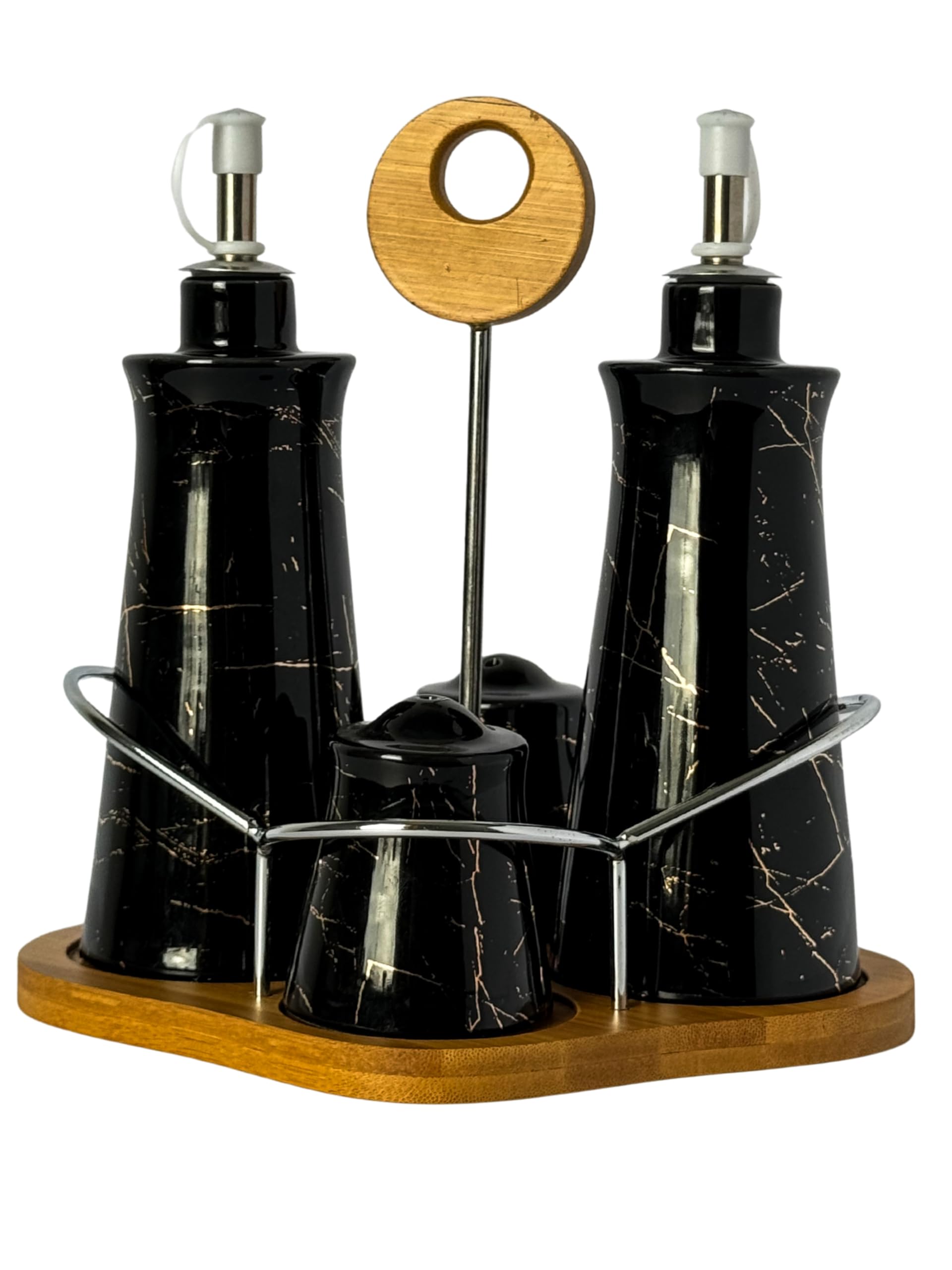 Oil & Vinegar Dispenser Set with Stand, Black Marble Glass Bottles with Pourers, Salt & Pepper Shakers, Kitchen Tabletop Condiment Set