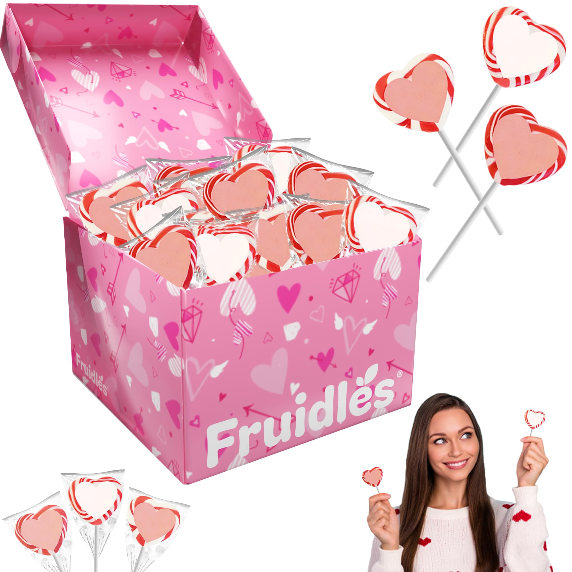 Fruidles Valentine's Day Red and White Swirl Heart Lollipop Candy Sucker Assorted, Individually Wrapped (12-Pack)