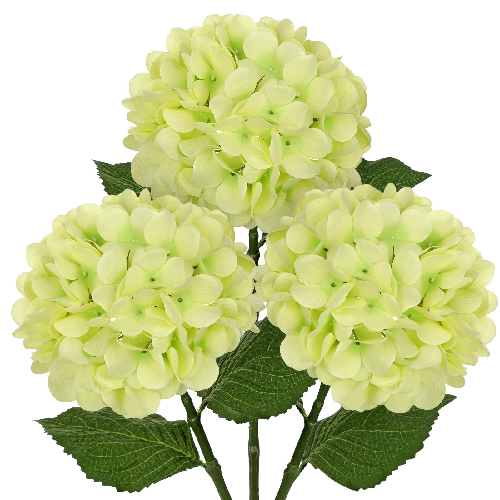Hollyone Pack of 3 Hydrangea Artificial Flowers, Pale Green Fake Hydrangea Stems with Large 7'' Blooms, Long Stem Silk Flowers for Floral Arrangement, Tall Vase, Home Decor, Wedding Decorations — image 1