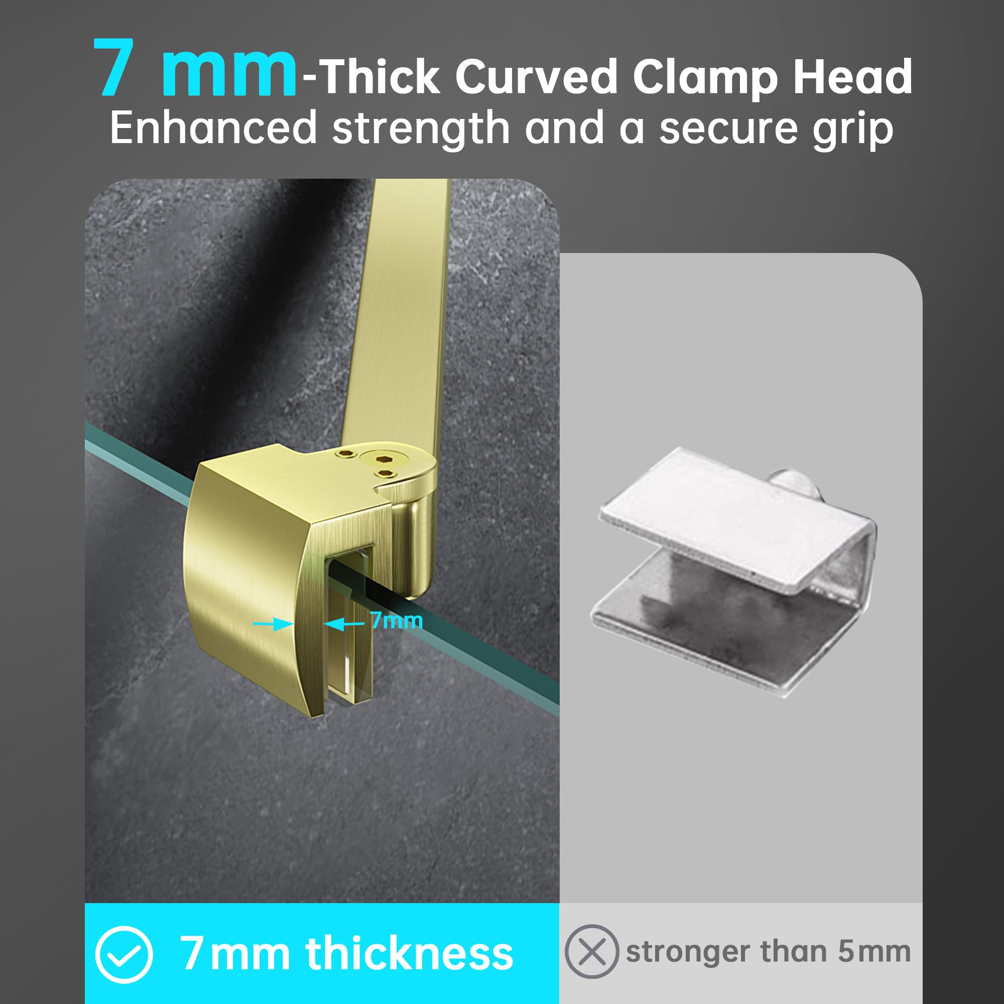 Barra de soporte para puerta de ducha sin marco, brazo de soporte de pared a vidrio de acero inoxidable para panel de vidrio de ducha fijo, para vidrio de 6-10 mm, pivote de 180° y modo plano (oro