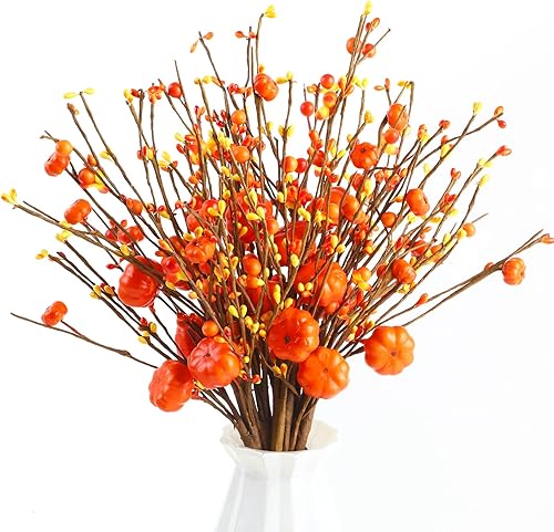 Miniatura 1 de FOIMAS 6 tallos de bayas artificiales de otoño con tallos de calabaza naranja Pip Berry Autumn Spray Picks para otoño, Acción de Gracias, Halloween,