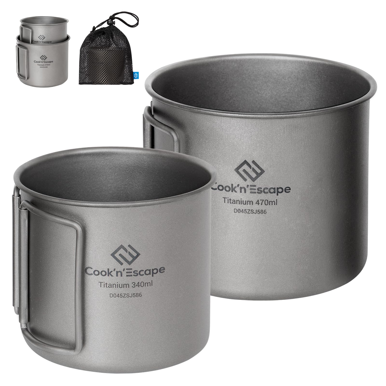 COOK'N'ESCAPE Titanium Mug Set of 2 11.5oz + 16oz Stackable Camping Cup