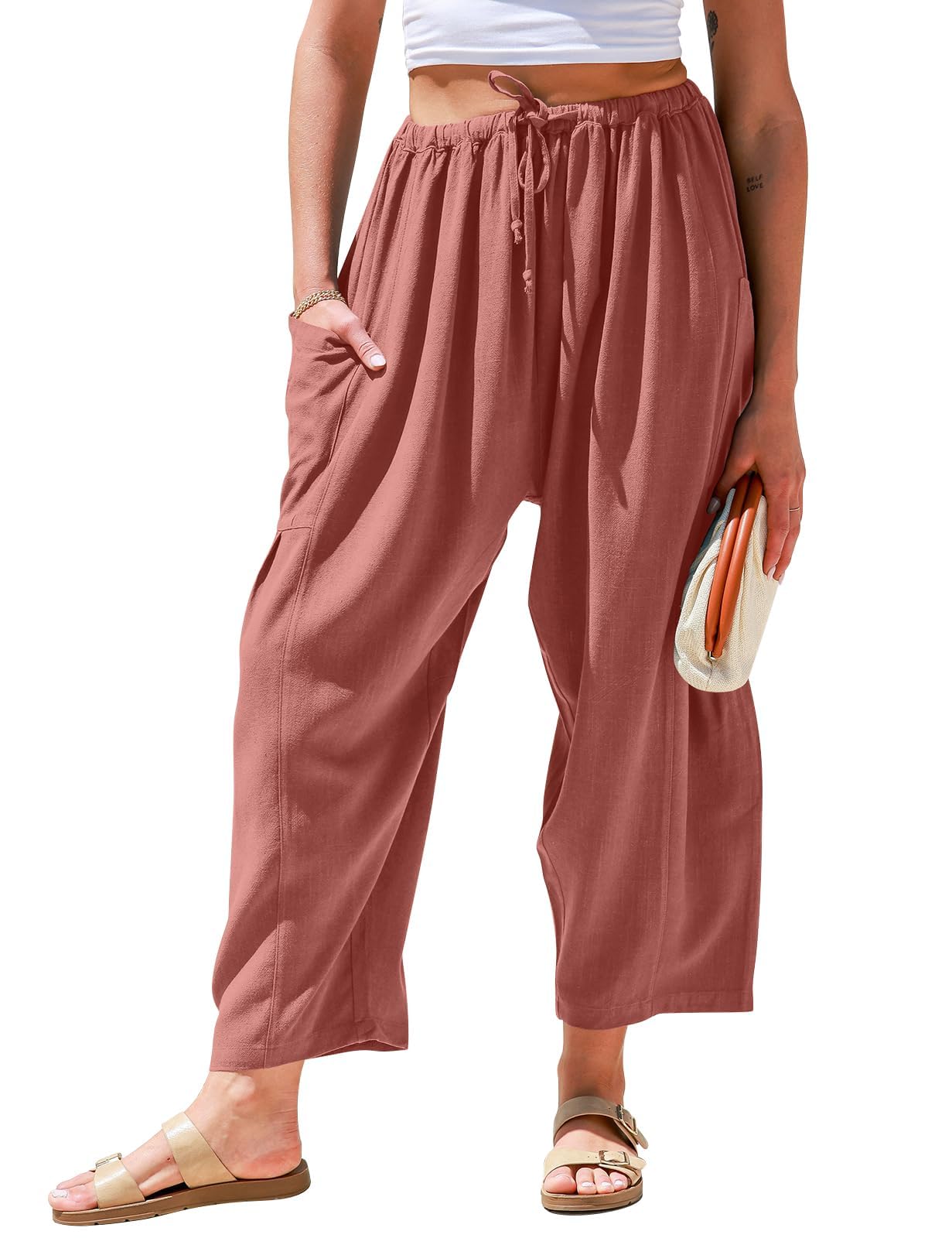 TARSE Womens Linen Wide Leg Pants Casual Loose Drawstring Summer Beach Travel Vacation Palazzo Harem Pants with Pockets