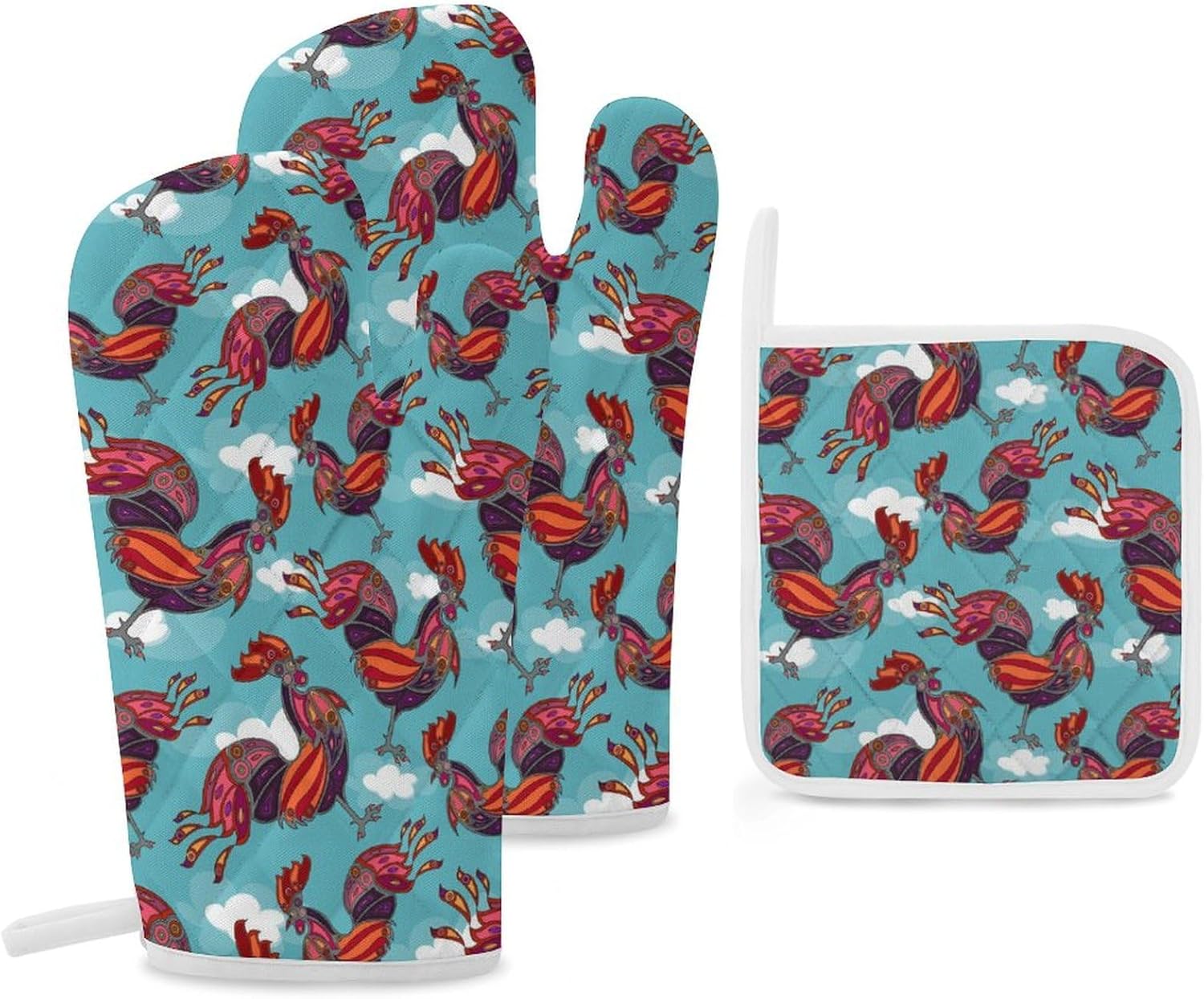 Crowing Rooster Print Oven Mitts and Pot Holders 3 Piece Sets Heat Resistant Gloves Hot Pads Potholders for Kitchen Baking Cooking