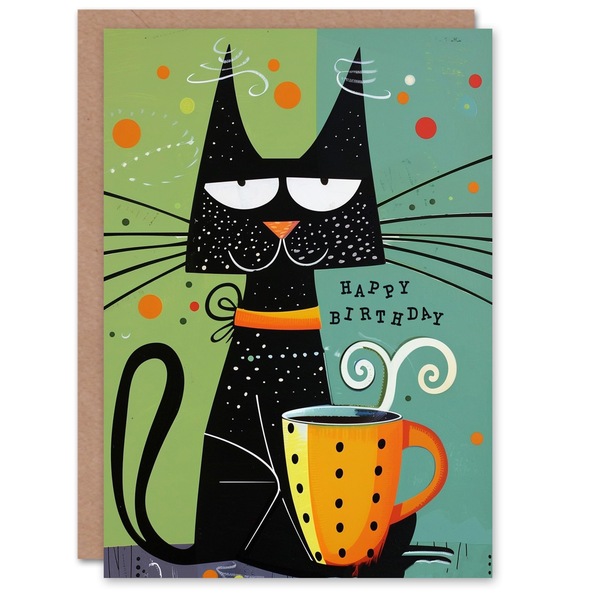 Artery8 Birthday Card Cat Lover Kitty With Coffee Abstract Cartoon For Her Gran Sister Niece Daughter Wife Woman Greeting Card