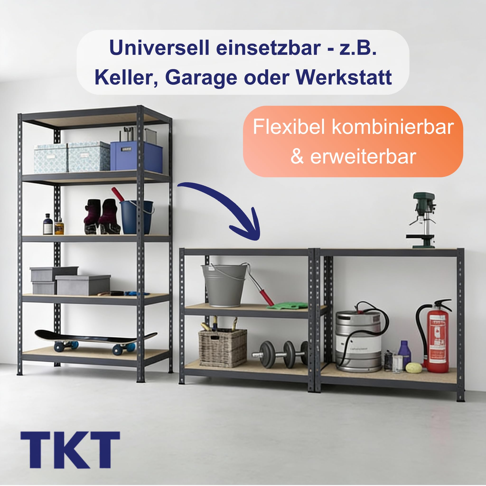 TKT – Work System Steckregal mit Holzböden & Unterzug 180x92x46cm - Regal mit 265kg Tragkraft pro Boden. Schwerlastregal mit 5 Böden für Werkstatt, Wohn- & Kellerraum. Anthrazit