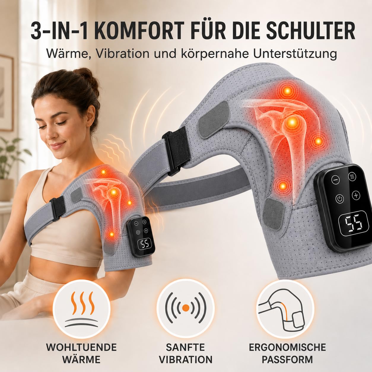 Masajeador de hombro 3 en 1 con calor y vibración, 5 niveles, pantalla LED, batería de 2000 mAh, vendaje de hombro calentable con panel de control fijo y correa de ajustable para el hogar y la oficina
