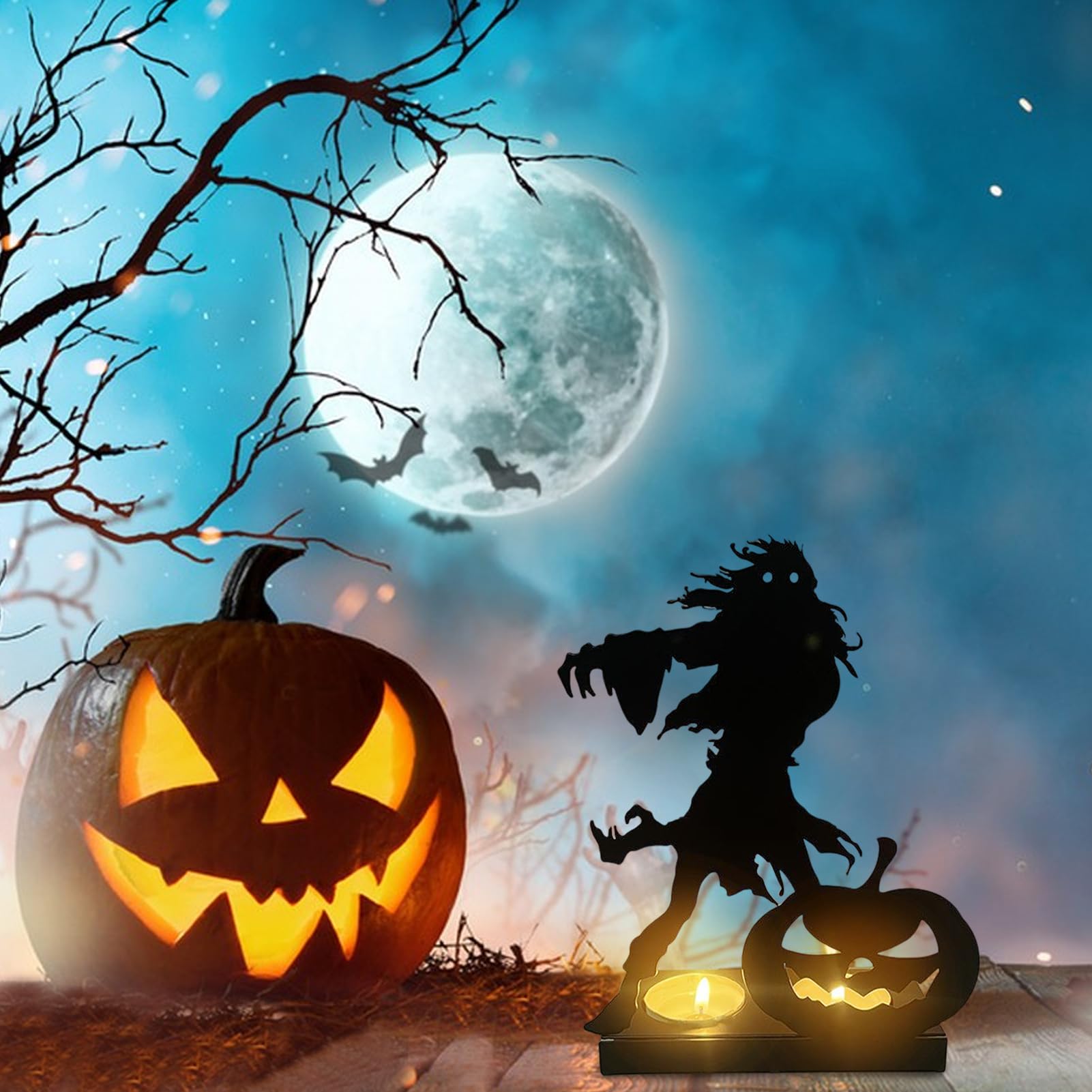 Halloween Shadow Candle Holder - Metal Pumpkin Cat Silhouette Tealight Holder For Spooky Decor