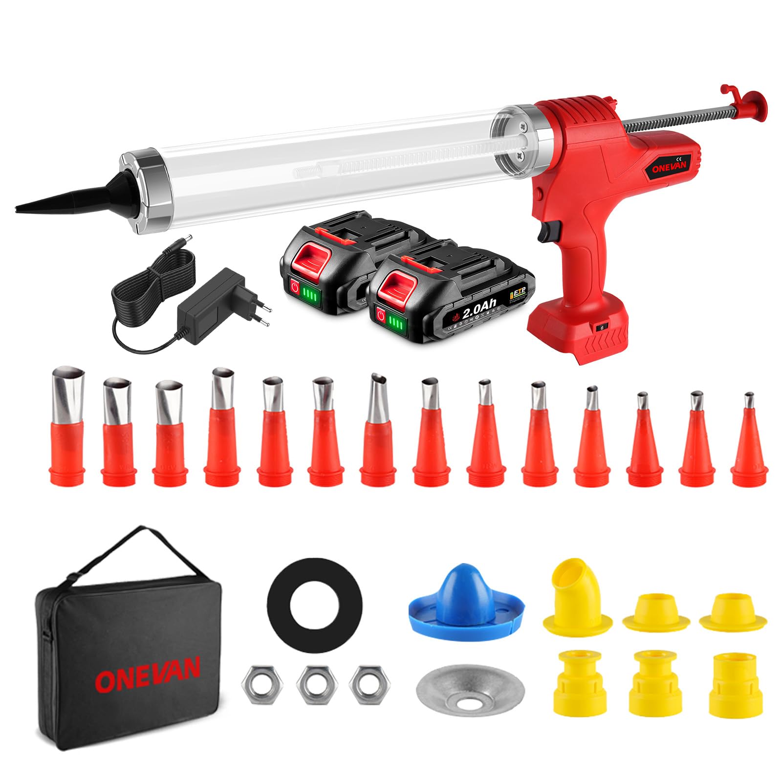 ONEVAN Pistola Silicone a Batteria, 310ml/600ml Pistola per Silicone, 6 velocità, Antigoccia, con 2 Batterie da 2.0 Ah, 14 ugelli, Ideale per Calafataggio, Riempimento e Sigillatura