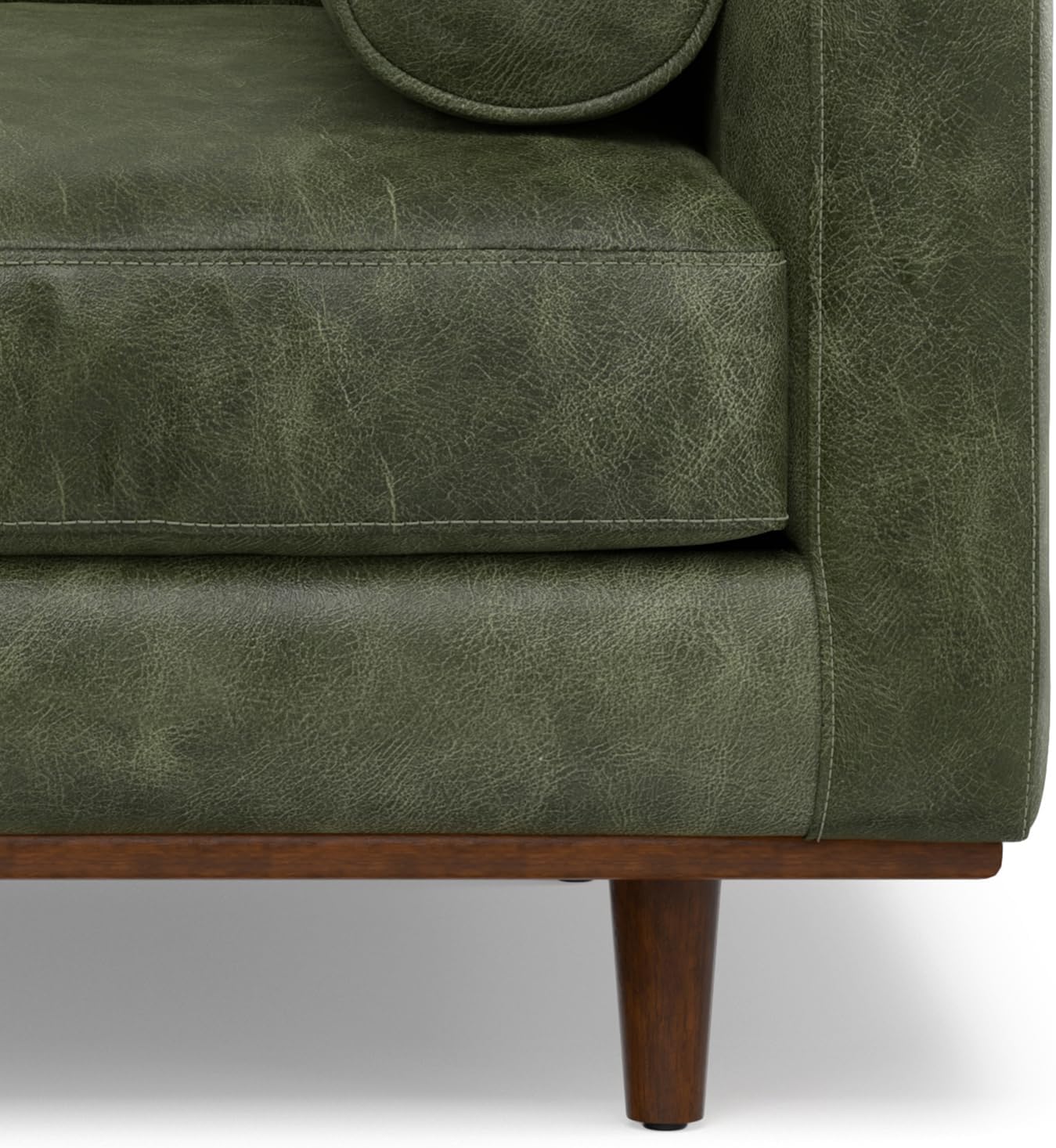 SIMPLIHOME Morrison Arm Chair - 42 inch Wide Upholstered Genuine Leather Mid-Century Modern Accent Chair in Moss Green with Solid Wood Legs, Reversible Bolster Pillows and Reclined Back