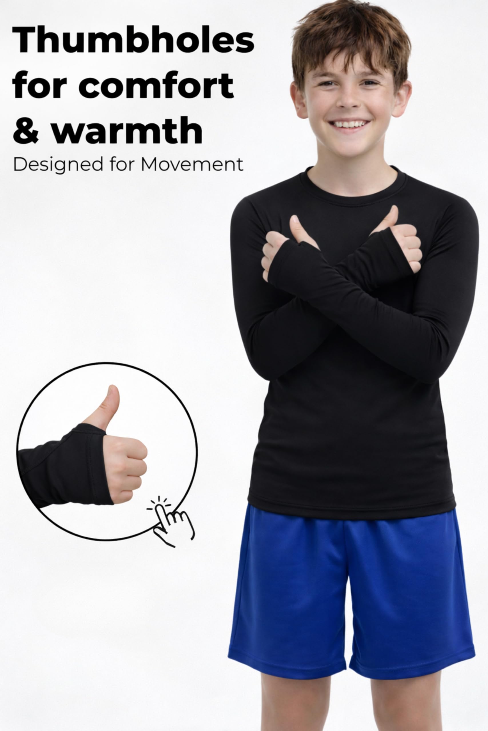 Re Tech UK - Couche de base en coton pour garçons avec trous pour les pouces - Peaux légères pour garçons - Haut thermique pour enfants - Sous-couche - Chemise à manches longues blanche ou noire