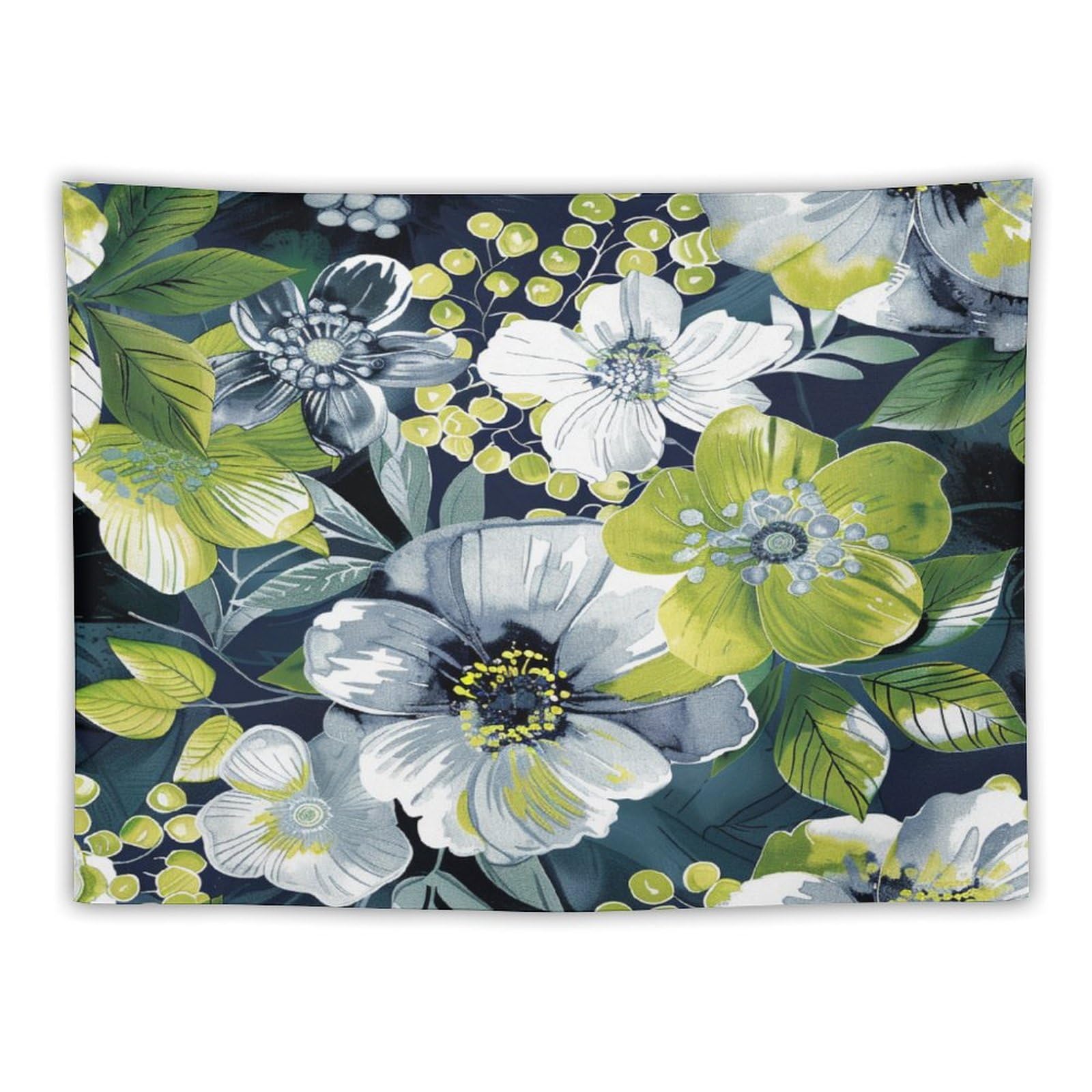 Modern Floral Design in Navy Blue, Lime Green And White-3 Wall Tapestry Rustic Geometric Flower Vintage Aesthetic Tapestry Wall Hanging Landscape