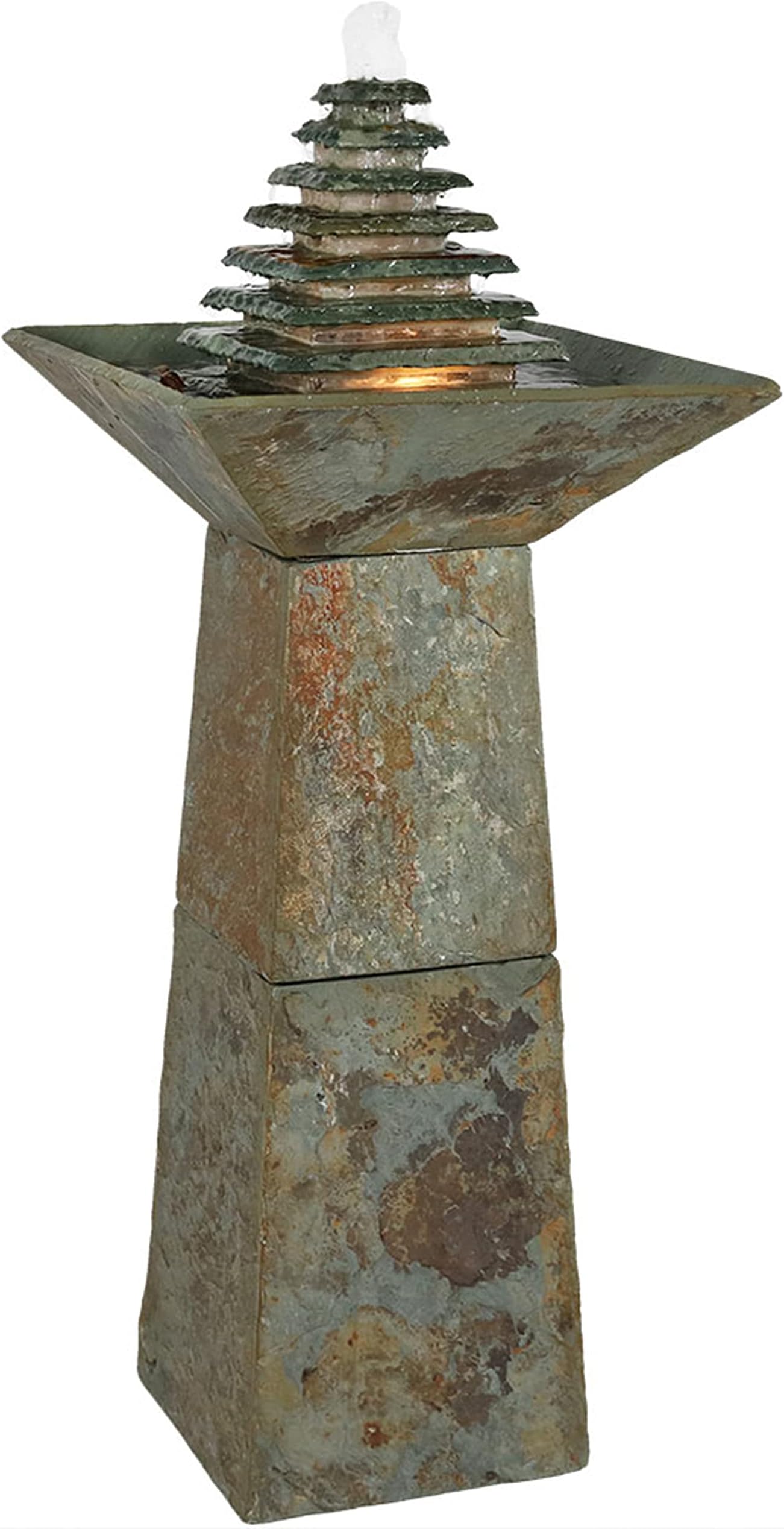 Sunnydaze 40-Inch Slate Outdoor Water Fountain - Layered Pyramid Outdoor Water Feature with LED Lights for Patio, Deck, Garden