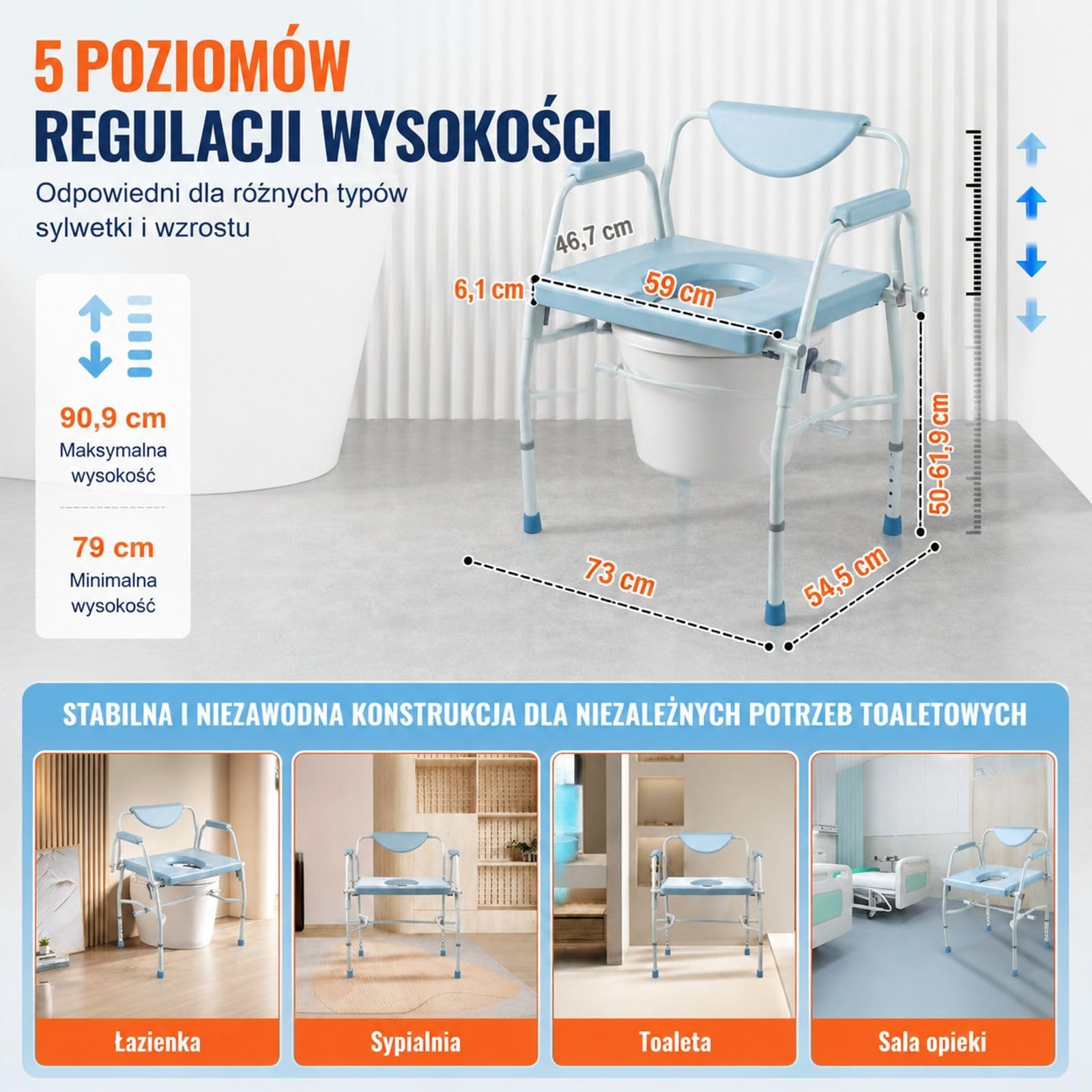 Krzesło toaletowe, stolik nocny ze składanymi podłokietnikami i zdejmowanym oparciem, 5-stopniowa regulacja wysokości 50-62 cm, zdejmowany pojemnik o pojemności 7 litrów, łatwy montaż, udźwig 453