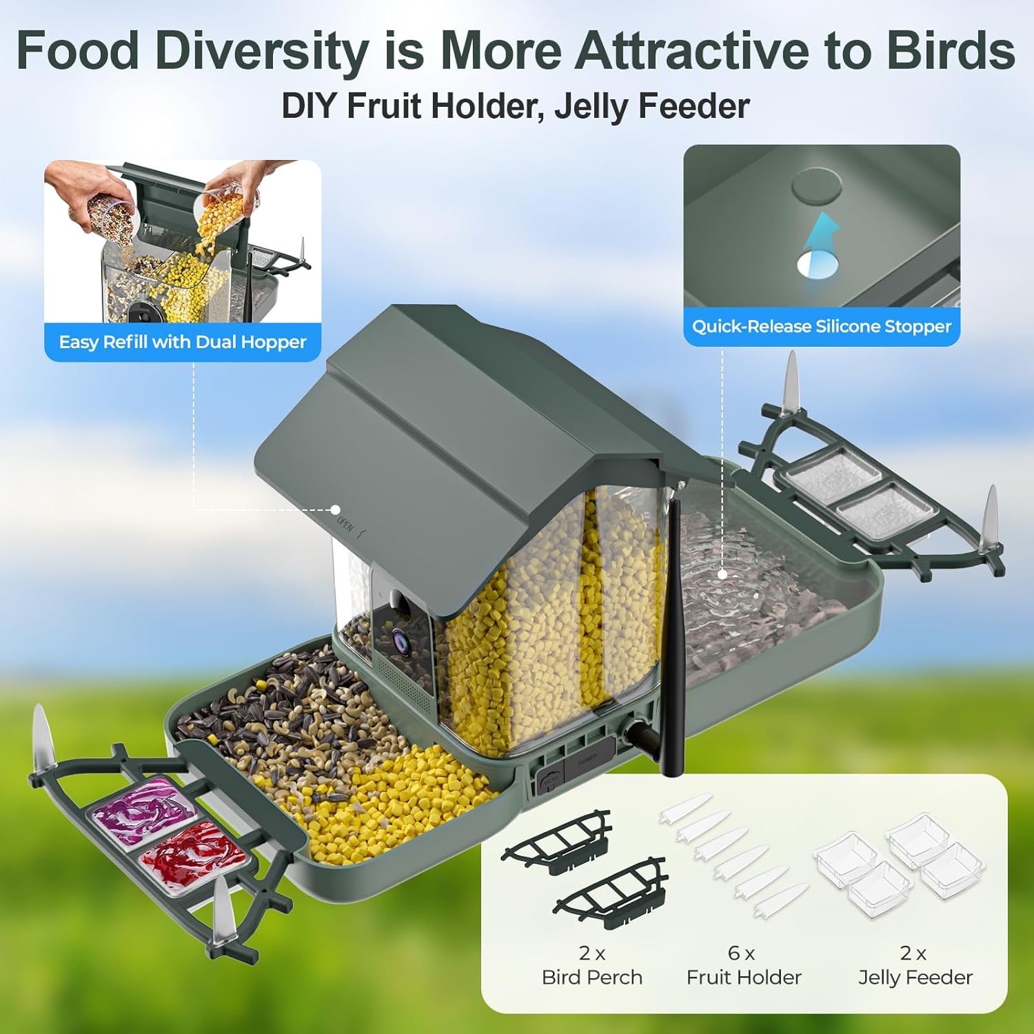 Dual-Lens Smart Bird Feeder with Camera & Bird Bath, 2.4G WiFi 2K HD Live View, Auto Record Video, AI Identify, APP Instant Notifications, Solar Powered, Birdwatching Gifts for Family, Birds Lover
