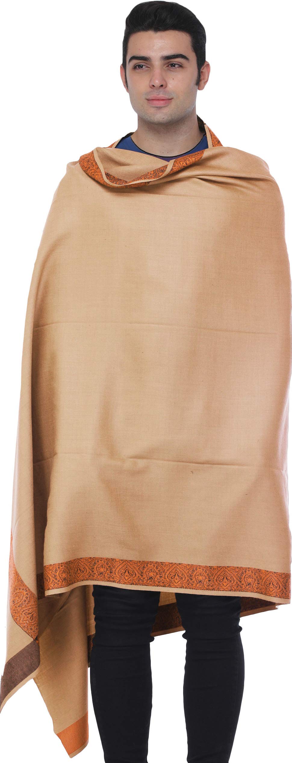 Chal Liso Exotic India Hombre - Lana Pura, 2.4x1.2 M, Borde Tejido Marrón