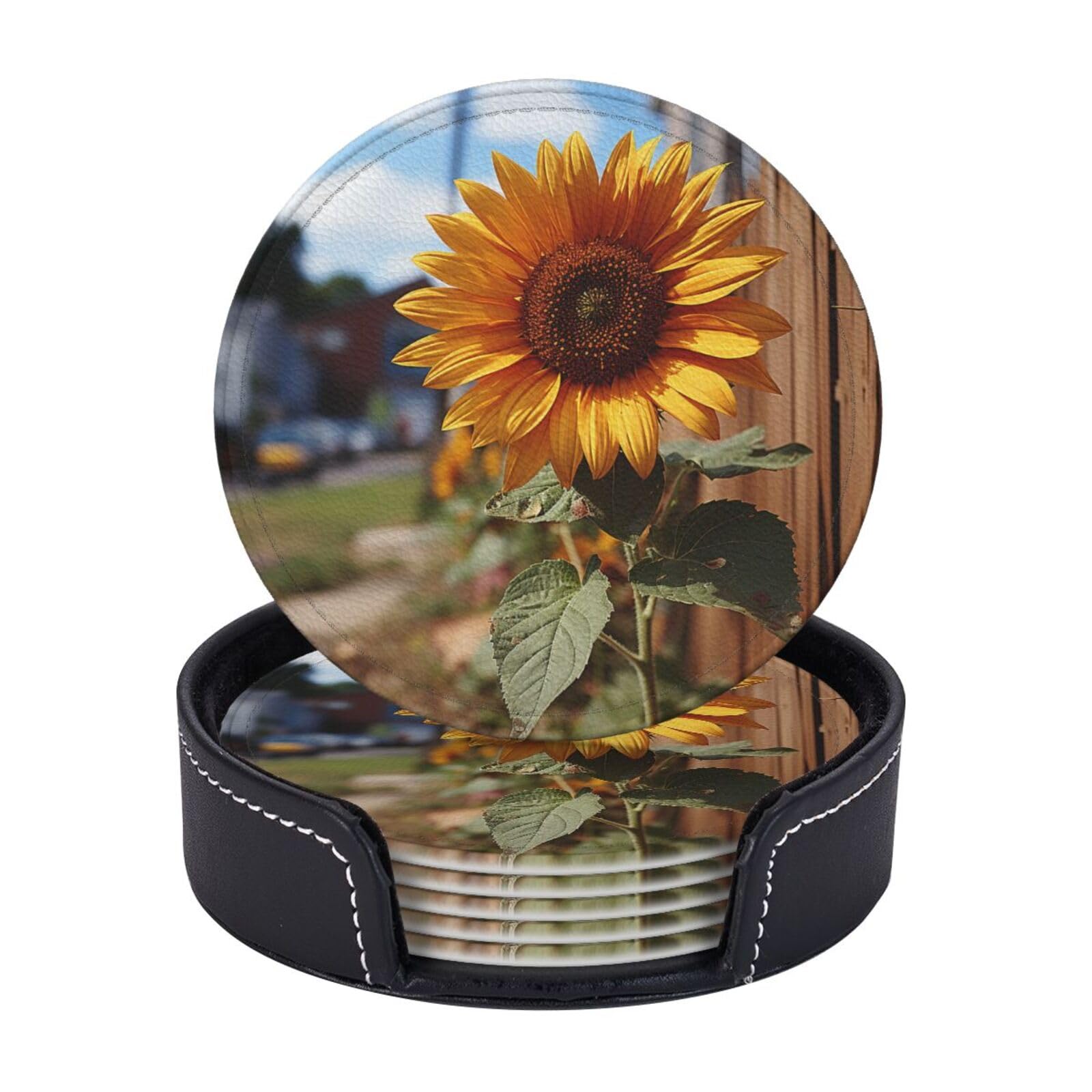 6PCS Drink Coasters with Holder, 4" Leather Coasters for Drinks, Farm Sunflower Cup Coasters for Coffee Table Decor, Non-Slip Drinking Cup Mat for Hot or Cold Drink