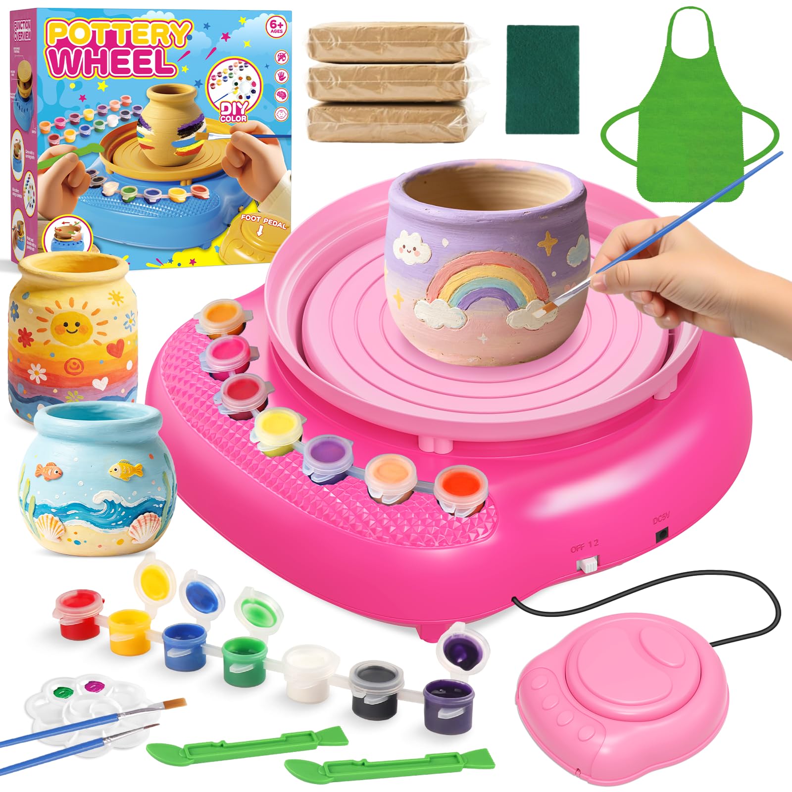 Weilim Pottery Wheel for Kids Ages 6-12 – Complete DIY Pottery Kit for Beginners with 3 Air-Dry Clay Packs and Tools, Arts & Crafts Supplies, Toys Birthday Gift for Boys Girls 6+ Years Old (Rose)